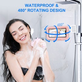 KUNSLUCK Shower Phone Holder Waterproof, 480° Rotation Shower Phone Mount, Anti-Fog HD Sensitive Touch Screen Phone Holder for Shower, Bathtub, Compatible with 4.7" - 6.8" Cell Phones（Romantic Pink ）
