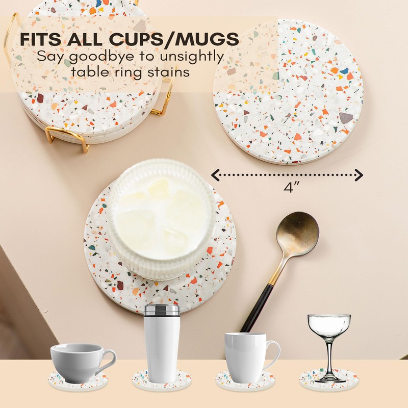 Terrazzo Drink Absorbent Coasters with Holder Set of 6, Ceramic