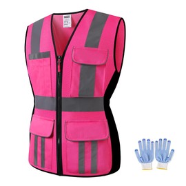 JKWEARSA Women Safety Vest, High Visibility Reflective Mesh Work Vest With Pockets And Zipper For Lady, Girl (Pink, Medium)