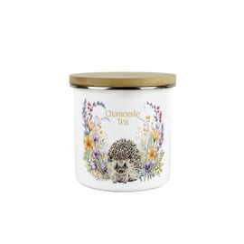 Purely Home Floral Hedgehog Chamomile Tea Storage Canister - Pretty Wildlife Creatures & Foliage Homewares Gifts - White Metal Enamel Medium Sized Kitchen Food/Drinks Storage Container
