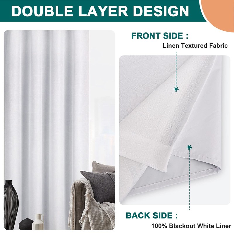 Diraysid 100% Blackout White Curtains Linen Curtains for Bedroom Grommet