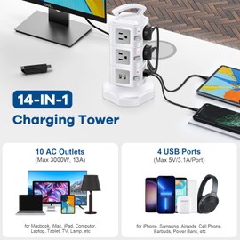 10-Outlet Power Strip Tower | Outlet Expander | Retractable Extension Cord with 4 USB Ports | Multi Plug Surge Protector for Multiple Devices, Cell Phone, Computer Accessories | Office, Desk Organizer
