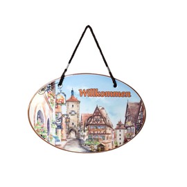 "Wilkommen" Ceramic 8.75x6 inches Front Door Sign or Wall Decor with Traditional Raised Relief German Village Artwork, European Home Decoration | by Oktoberfest Haus