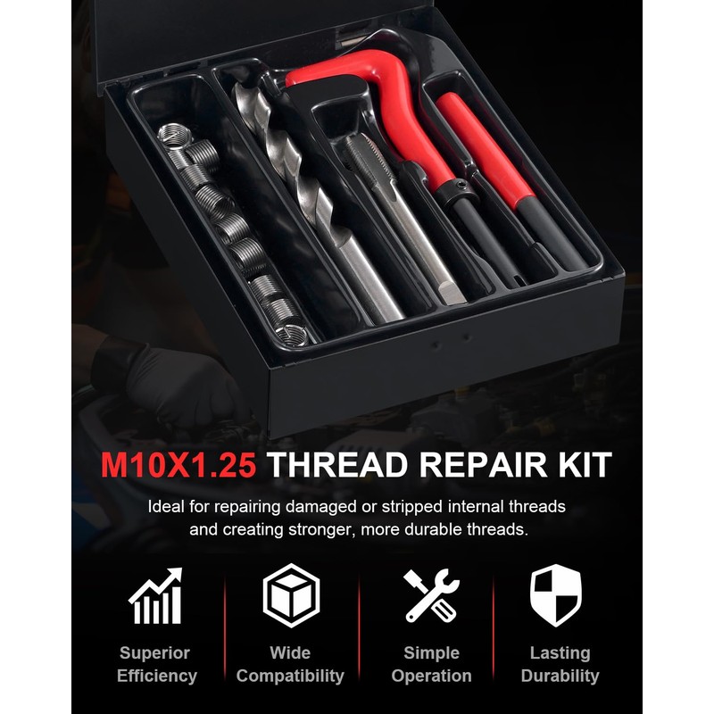 Kolvoii M10X1.25 Thread Repair Kit, Metric Helicoil Thread Repair Kit