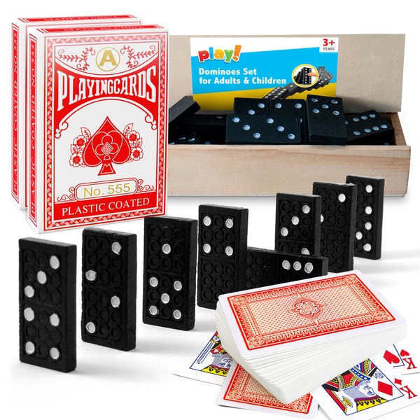 2pk Plastic Playing Cards Professional & 28pcs Dominoes Set for Adults | Standard Playing Card Decks with Educational Dominos for Children Domino Set | Deck of Cards | Kids Dominoes Game