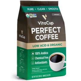 VitaCup Perfect Low Acid Coffee Ground, USDA Organic & Fair Trade, Mycotoxin Free, Dark Roast Guatemala Single Origin, Clean & Pure for Drip Coffee Brewers and French Press, 10 ounces