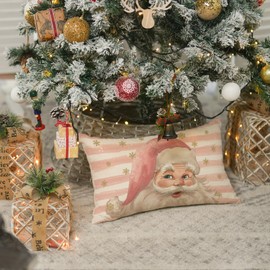 AVOIN colorlife Pink Santa Claus Stripes Throw Pillow Cover, 12 x 20 Inch Pink Christmas Cushion Case Decoration for Sofa Couch