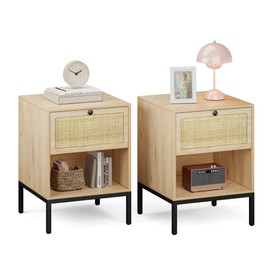 Boho Night Stand Set of 2, Rattan Nightstand with One Drawer, Farmhouse Bedside Table Modern End Table Small Side Table for Living Room Bedroom