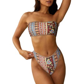 ZAFUL Women Strapless Wave Bandeau Bikini 2 Piece Swimwear Cheeky Solid Lace up Bathing Suits, 3-brown Print, Large