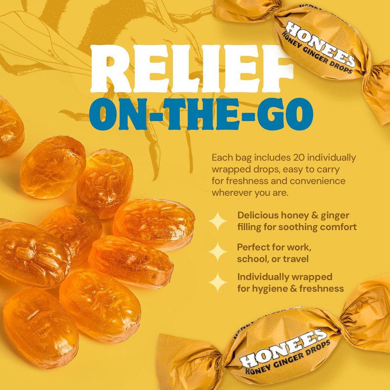Honees Filled Honey Ginger Drops, Natural Cough Drops- Pure Ginger