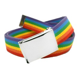 Build A Belt 1.25" Wide Silver Flip Top Belt Buckle with Canvas Web Belt (Mens Large Rainbow)