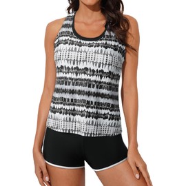 Aleumdr Womens Tankini Swimsuits Athletic Three Piece Tummy Control Bathing Suits with Shorts Modest Swimsuits for Women Black Large
