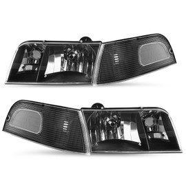 JSBOYAT Headlight Assembly Replacement w/Corner Lights 4pcs for 1998 to 2011 Ford Crown Victoria Headlamp (Black Housing with Clear Reflector)