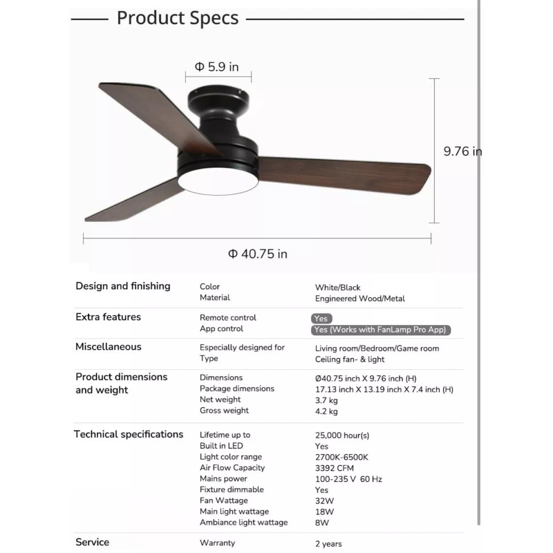 Orison Ceiling Fans with Lights, 42 inch Low Profile Ceiling
