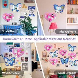 Girly Aesthetic Wall Decor Felt Bulletin Board Pink& Blue,2Pcs Butterfly&Heart Design Trendy Wall Art Message Board with 30 Pushpins&No Damage Wall Adhesive,College Apartment Dorm Bedroom Decoration