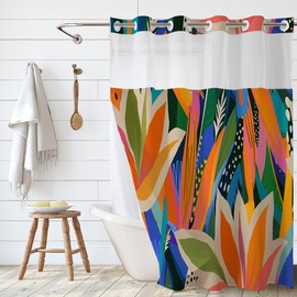 Tropical Jungle Shower Curtain No Hooks, Boho Floral Shower Curtains Double with Snap in Liner, Waterproof Fabric Fun Bath Curtain with Mesh Top Window, Colorful Abstract Decor for Bathroom 71" X 74"