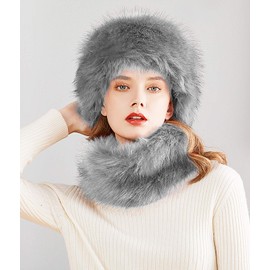Lovful Winter Faux Fur Women Russian Cossak Hat Scarf Set,Grey
