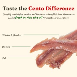 Cento Flat Fillet Anchovies in Olive Oil, 2 Oz, Firm, Skinless, Boneless, Canned Moroccan Anchovy Fillets for Salad, Pizza, Pasta, Easy to Open Pull Top Lid - Non-GMO, BPA Free, Gluten-Free