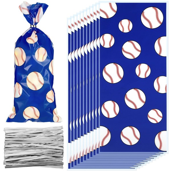 Outus 100 Pieces Baseball Treat Candy Bags Baseball Cellophane Bags Baseball Goody Plastic Bags with 200 Pieces Twist Ties for Baseball Birthday Party Supplies Decorations (Blue Silver)