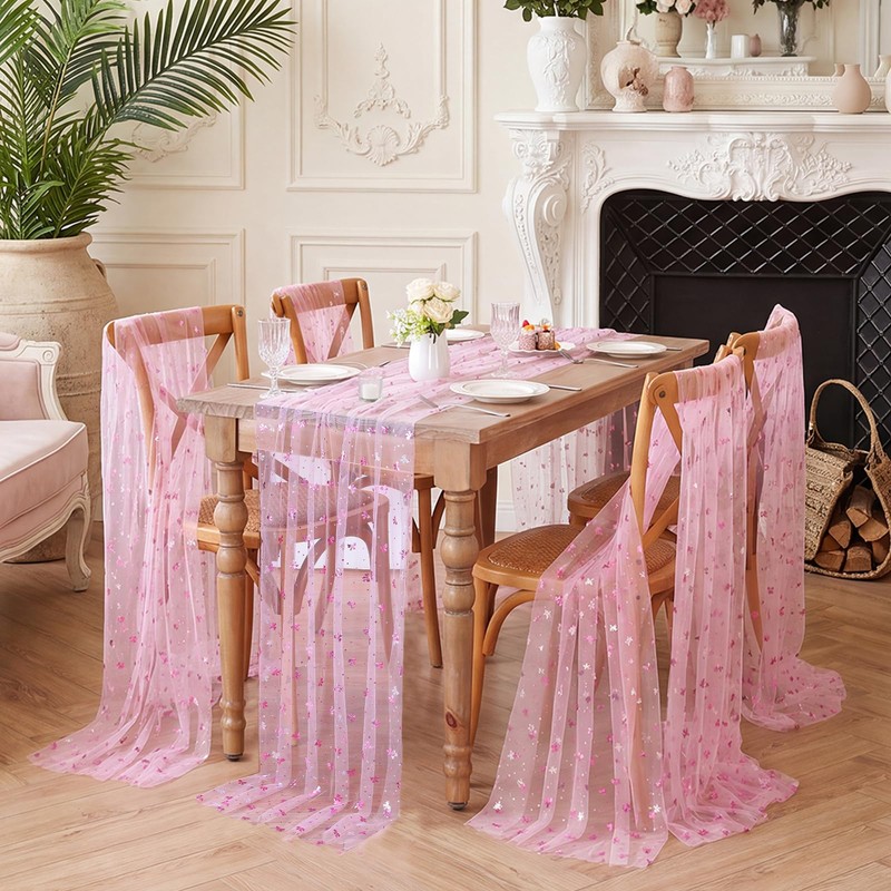 Pink Bow Tulle Table Runner Glitter Metallic Foil Fabric 29