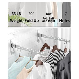 Dr.DJ Wall Mount Coat Hanger Holder Silver Clothes Drying Organizer Rack Garment Hooks Aluminium Retractable Folding Indoor Wall Mounted Hanger Space Saver for Laundry Room Bedroom (2 Racks) Silver