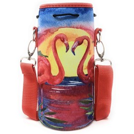 Made Easy Kit Neoprene Water Bottle Carrier Holder with Adjustable Shoulder Strap for Insulating & Carrying Water Container Canteen Flask Available in 5 Sizes (Flamingo, L (32oz / 1.5L))