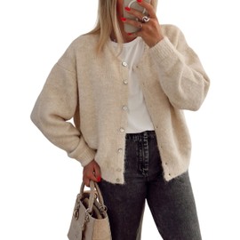 Ynhonra Women's Long Sleeve Front Button Y2k Cardigan Sweaters Crew Neck Loose 2025 Fall Tops(Cream-S)