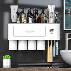 Wall Mounted Toothbrush Holder for Bathroom, Automatic  Dispenser Kit with Magnetic Cups  & Family Set Toothbrush Holders, Storage Rack & Easy Install, Durable Space-SavingGrey,4 Cups - Color: Black, Size: 2 cups