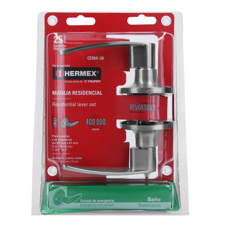 Hermex CEMA-3B, Cerradura de manija, cilindro de latón, acabado cromo