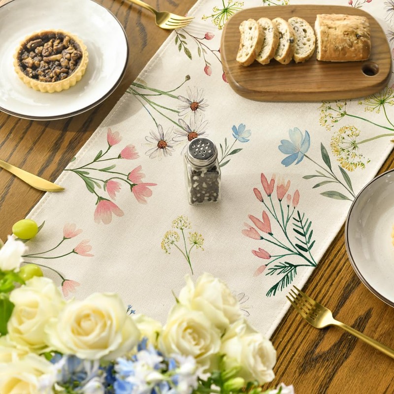 Artoid Mode Floral Leaves Spring Table Runner, Seasonal Flowers Summer