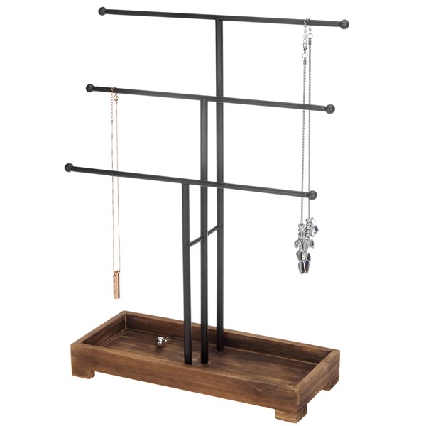 MyGift 3-Tier Black Metal T-Bar Necklace & Bracelet Jewelry Display Stand & Organizer with Wood Ring Tray