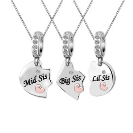 KunBead Big Sister Middle Sister Little Sister Rose Gold Tone Matching Puzzle Heart Charm Birthday Pendant Necklaces set for 3