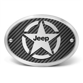 iPick Image for Jeep Willys Star Logo in 3D on Carbon Fiber Look Oval Brushed Silver Billet Aluminum 2-inch Tow Hitch Cover