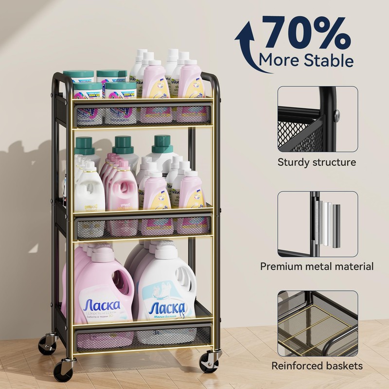 YASONIC 3 Tier Rolling Cart – Metal Utility Storage Cart