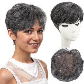 PORSMEER Hairpieces for Thin Hair Topper, Short Pixie Cut Hairpieces, Synthetic Pixie Topper for Women/Men, Clip-In Wiglet with Fringe, Add Hair Volume, Hair Extension (Black Mix Silver)