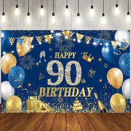 Yontree Happy 90th Birthday Banner Blue Gold, 1.8 x 1.1 m Happy 90th Birthday Backdrop Banner Navy Blue Gold 90th Birthday Decorations for Men Women 90 Years Old Birthday Anniversary Party Supplies