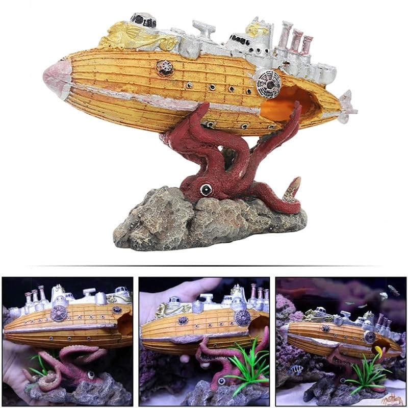 AIMALL Submarine Aquarium Ornament, Resin Fish Tank Decoration, Hollow Shipwreck