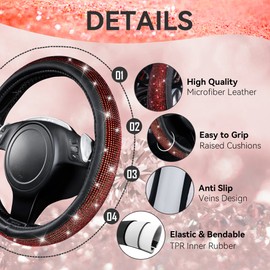 CAR PASS 7 PCS Bling Red Steering Wheel Cover Set for Women, Sparkly Rhinestone Diamond Bling Seat Belt Cushion, Glitter Shift Knob Cover, Car Cup Holder Coaster, Cute Interior Sets Red 14.5"-15"