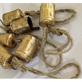 Handicraft Vintage Rustic Lucky Tin Metal Cow Bells Handmade Christmas Décor Bells on Jute Rope (12, Cylinder) (7cm)