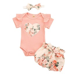Infant Baby Girls Bloomer Shorts Outfits Ruffle Romper Tops and Floral Shorts Clothes Set with Headband (Pink,0-6 Months)