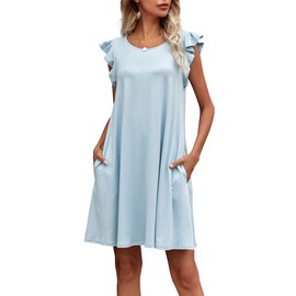 LAINAB Womens Swing Casual Summer Shift Dress Ruffle Sleeves Light Blue XL