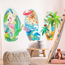 iMagitek 3 Pack Summer Surfboard Designs with Flamingo, Beach, Palm Tree Tropical Wall Stickers for Kids' Room Living Room Wall Decor Summer Party Decor, 47x35 inches