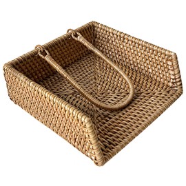 Rattan Napkin Holder with Weighted Arm, Flat Napkin Holder Basket, Napkin Container for Kitchen Tables, Square Rattan Napkin Organizer for Home Picnic Restaurant, 7.5 x 7.5 x 2.8 In