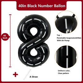40 Inch Race Car Black Number Balloons Race Car Birthday Party Balloons Large Black Number 8 Balloons Boys 8th Birthday Party Race Car Theme Party Decorations Supplies（Digital 8）
