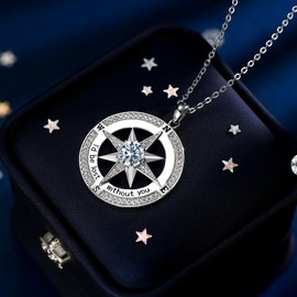 BELLNA Compass S925 Necklace Gift for Wife Jewelry Sterling Silver Necklace for Women Wedding Anniversary Girlfriend Birthday Gifts for Her Valentines Day Mom Mothers Day (Silver Apr)