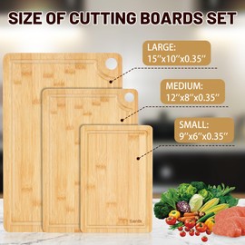 Bamboo Cutting Board Set, Bamboo Cutting Boards for Kitchen in 3 Sizes, Cutting Boards with Deep Juice Grooves & Hanging Holes, Bamboo Cutting Board Set Ideal Chopping for Meat, Vegetables and Fruits