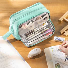 Large Capacity Pencil Case 4 Compartments, Pencil Case with Zipper Portable Handle, Aesthetic Pencil Case Stationery Organizer for Office College School Teen Girl Boy Men Women (LightGreen)