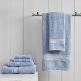 Madison Park Organic 100% Cotton Bathroom Towel Set Hotel & Spa Quality Highly Absorbent, Quick Dry, Include for Shower, Handwash & Face Washcloth, Multi-Sizes, Blue 6 Piece