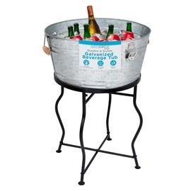BirdRock Home Galvanized Beverage Tub with Stand | Bottle Opener | Party Drink Holder | Wooden Handles | Outdoor or Indoor Use | Free Standing