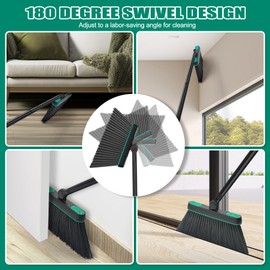 JEHONN Broom and Dust Pan, Upgraded Large Foldable Dustpan with Comb Teeth, 53.5 inches Long Handle Swivel Brush Indoor for Home Kitchen Lobby Floor Cleaning (Green)
